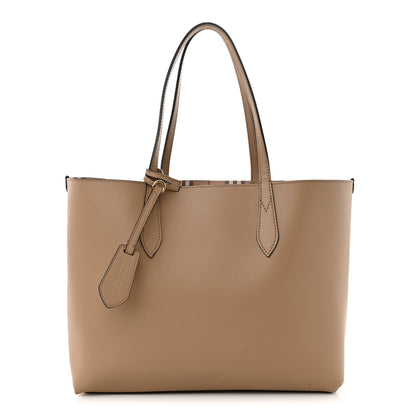 Burberry Grainy Calfskin Haymarket Check Medium Reversible Tote Camel 1 of 20