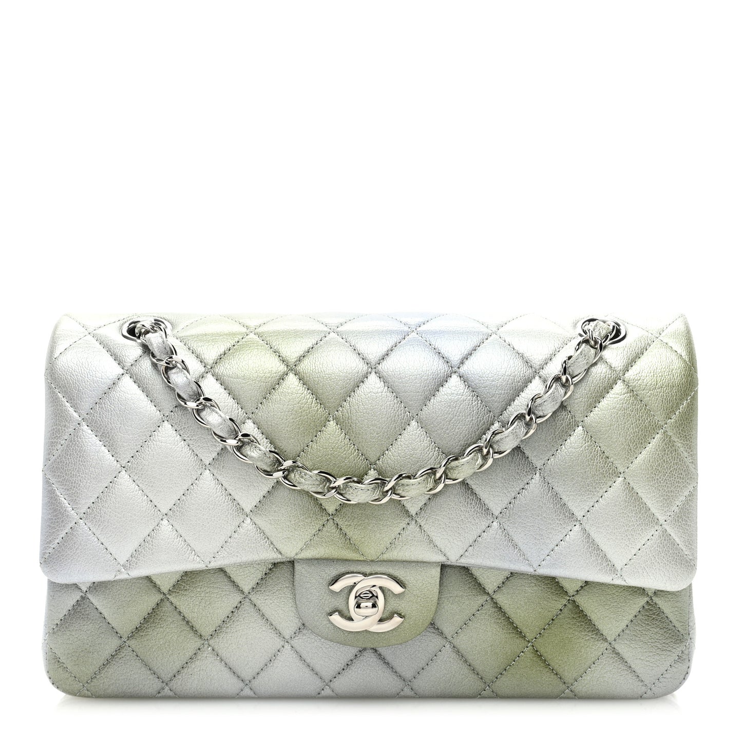 Metallic Goatskin Quilted Ombre Medium Double Flap Grey Green