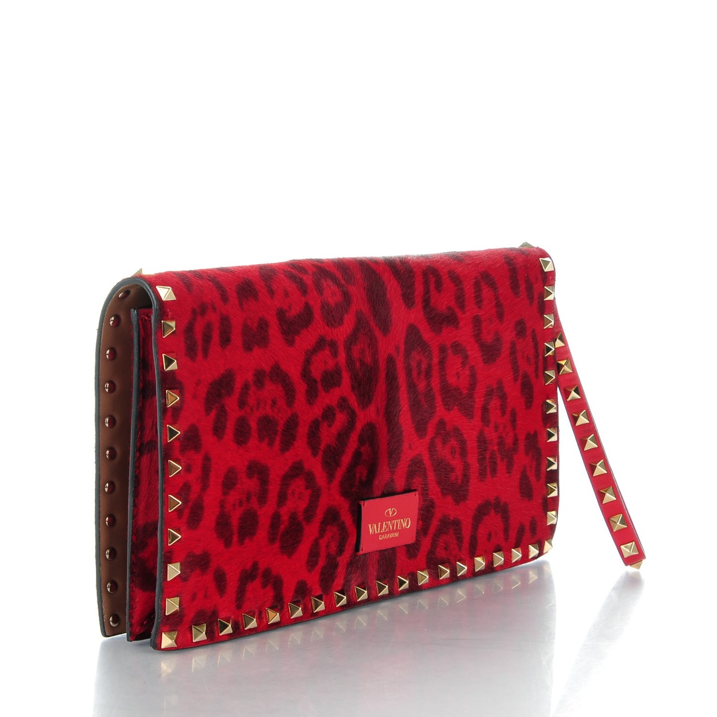 Calf Hair Leopard Print Rockstud Wristlet Clutch Red