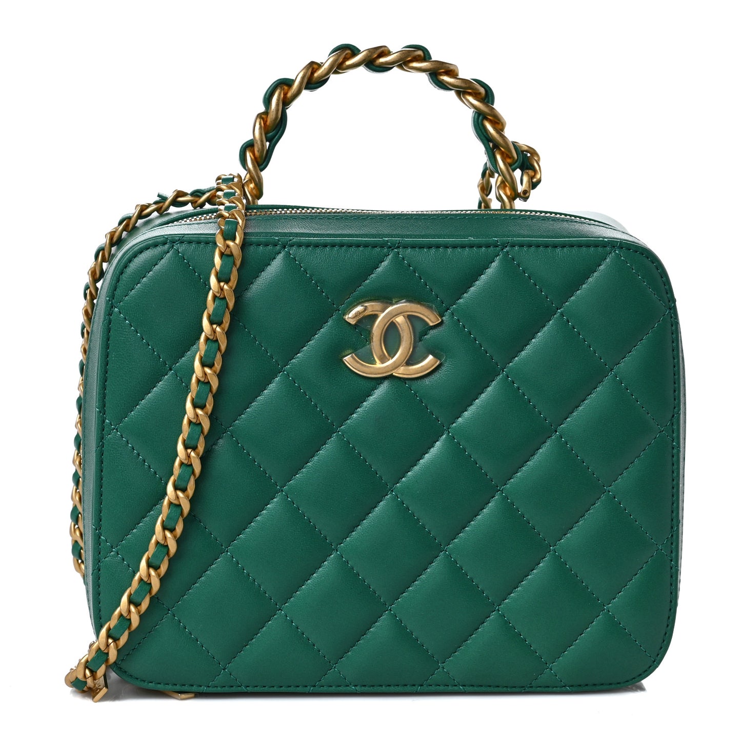 Lambskin Quilted Top Handle Vanity Case Green