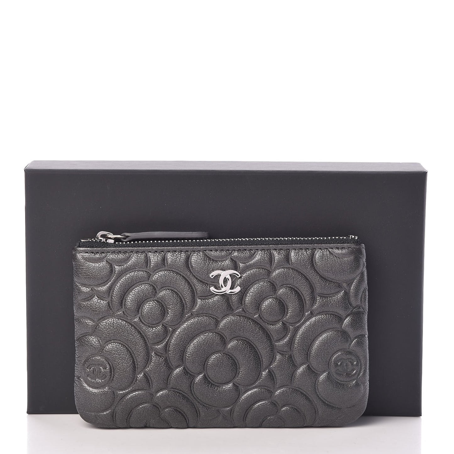 Goatskin Camellia Embossed Cosmetic Pouch Anthracite