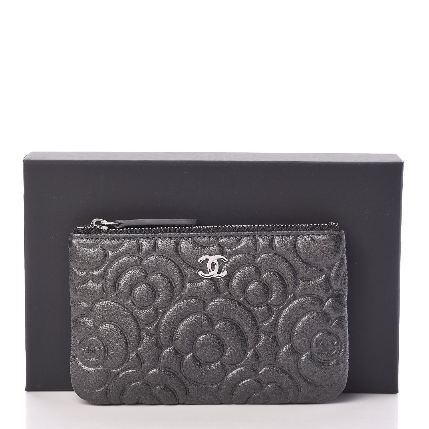 Chanel Goatskin Camellia Embossed Cosmetic Pouch Anthracite 8 of 8