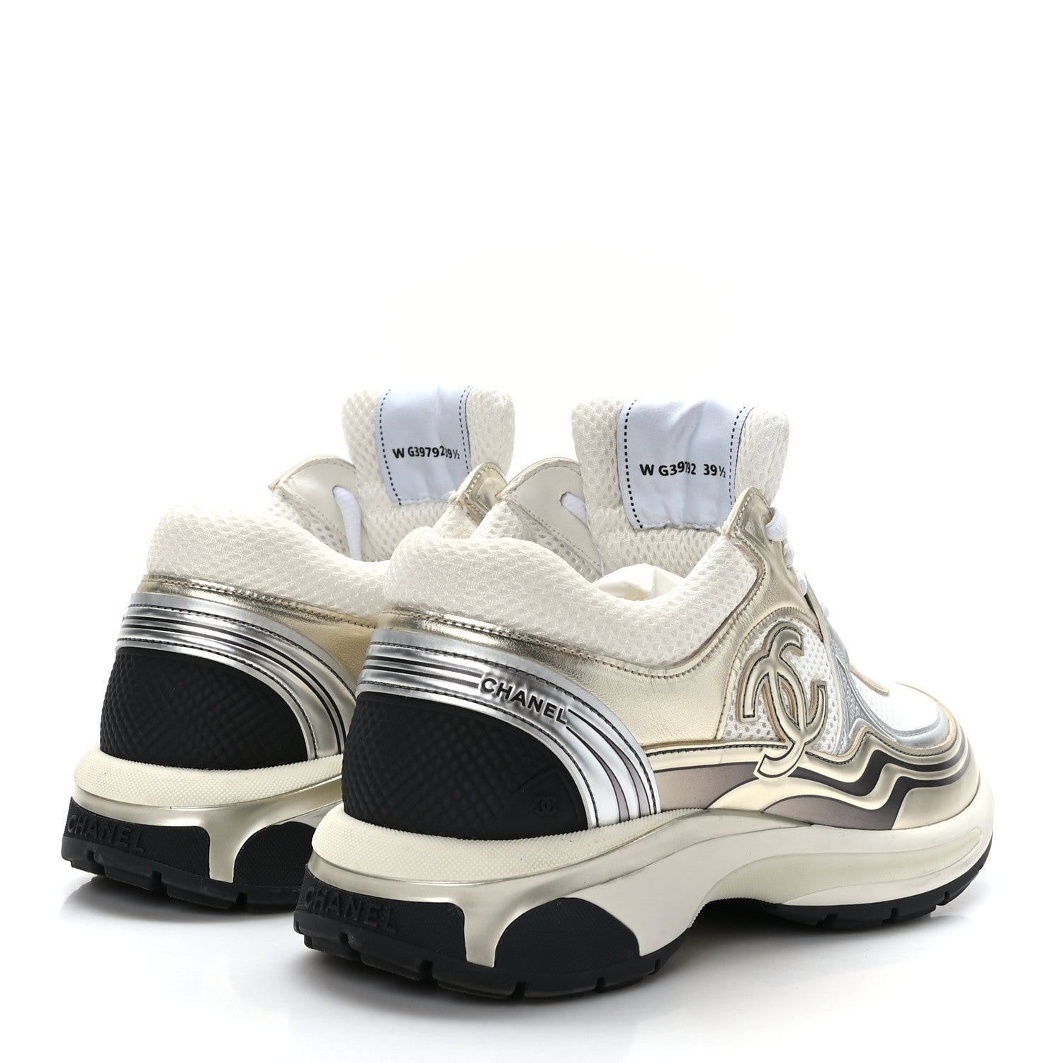 Chanel Fabric Laminated Calfskin Stretch CC Sneakers 39.5 White Gold Silver 4 of 8