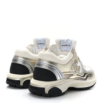 Chanel Fabric Laminated Calfskin Stretch CC Sneakers 39.5 White Gold Silver 4 of 8