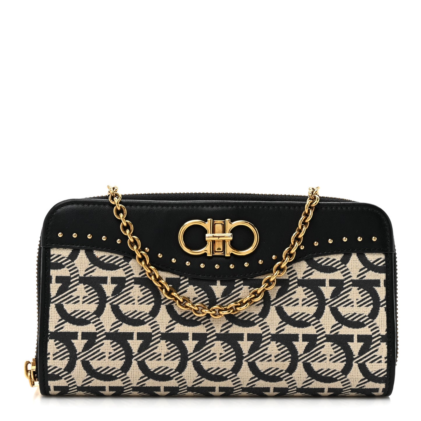 Canvas Calfskin Gancini Wallet On Chain Black Beige