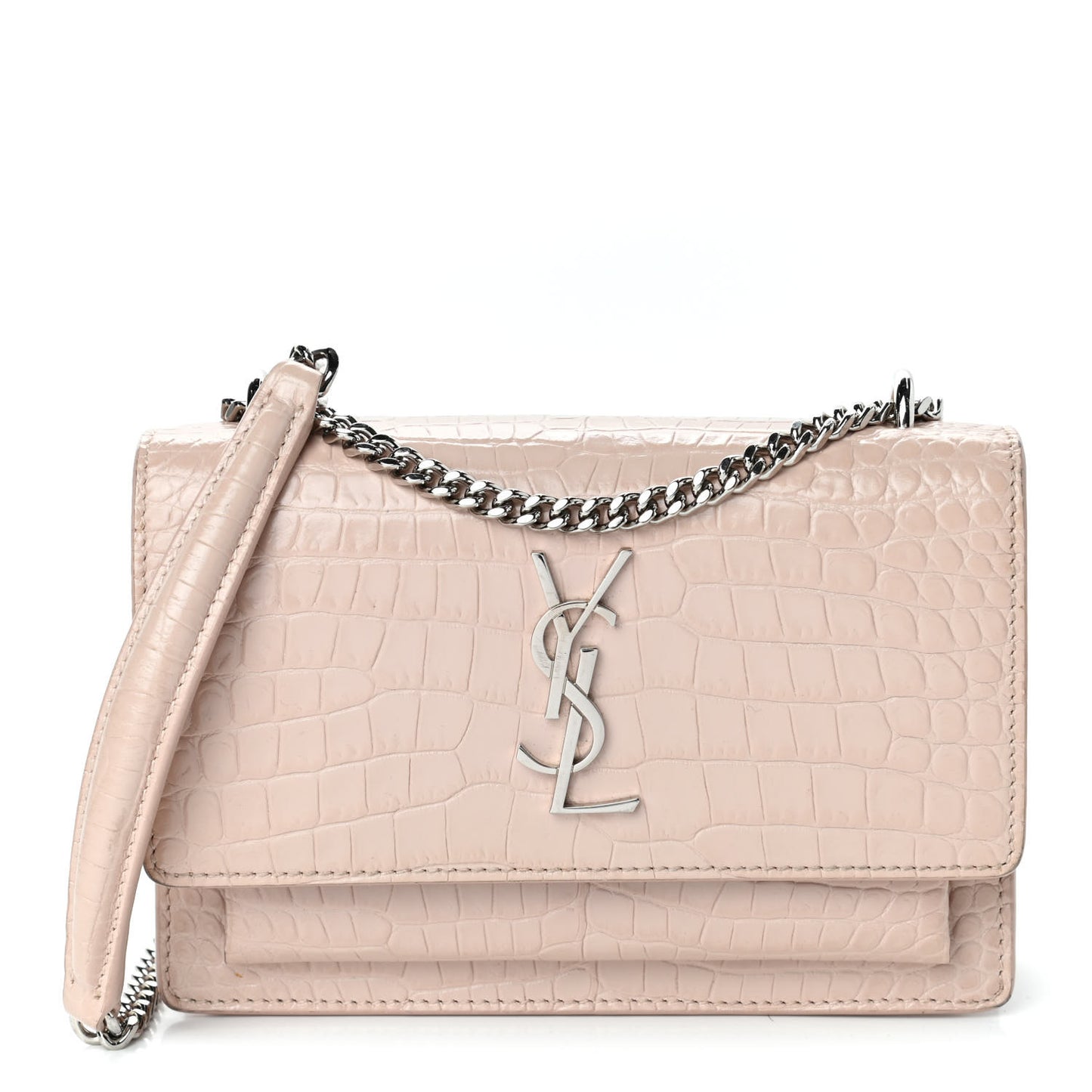 Calfskin Crocodile Embossed Monogram Sunset Chain Wallet Rose Antic