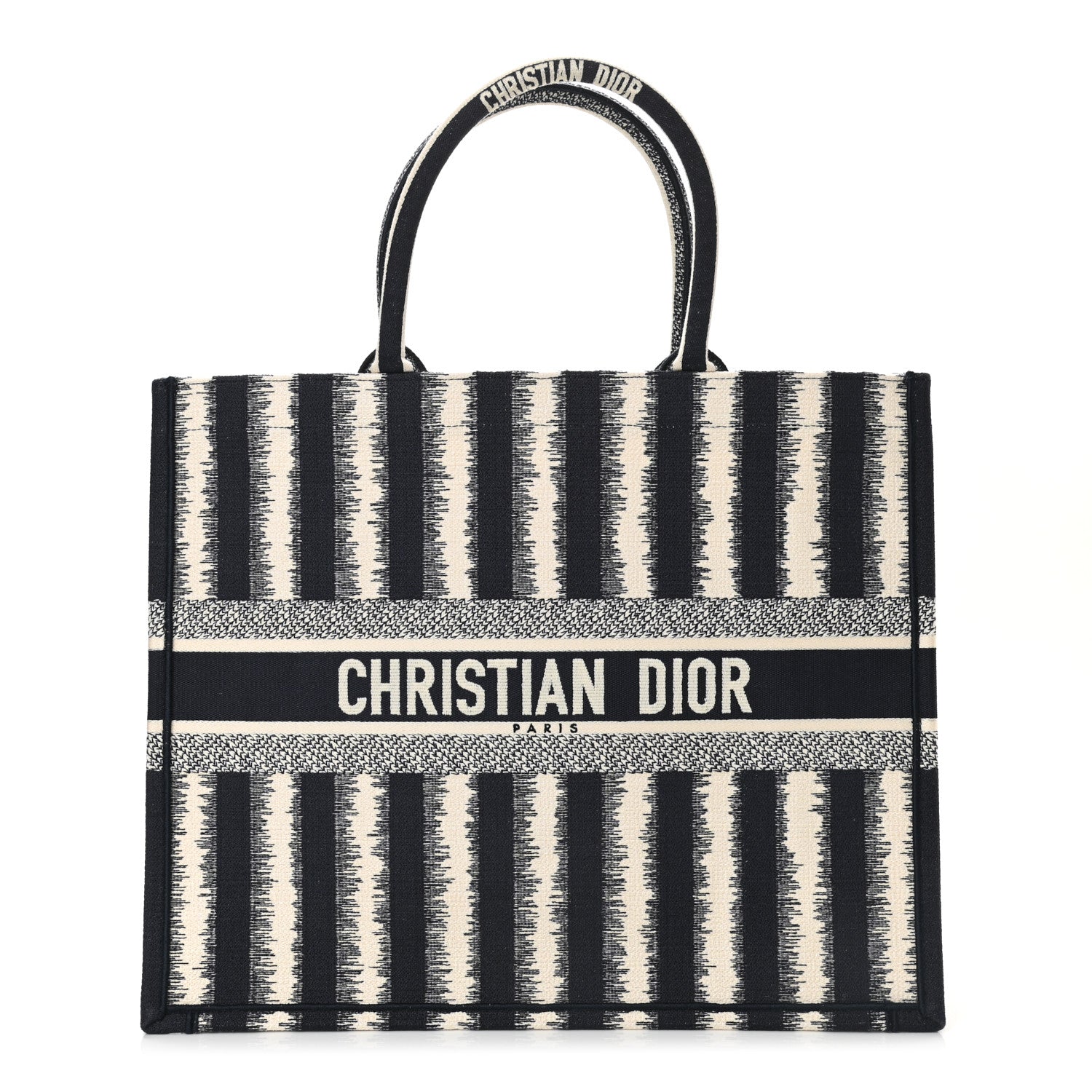Christian Dior Canvas Embroidered Large Striped Book Tote Navy 1 of 10