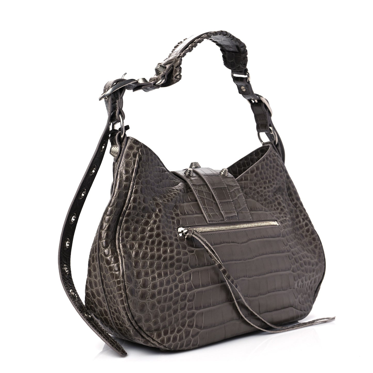 Extra Supple Calfskin Crocodile Embossed Medium Le Cagole Shoulder Bag Medium Grey