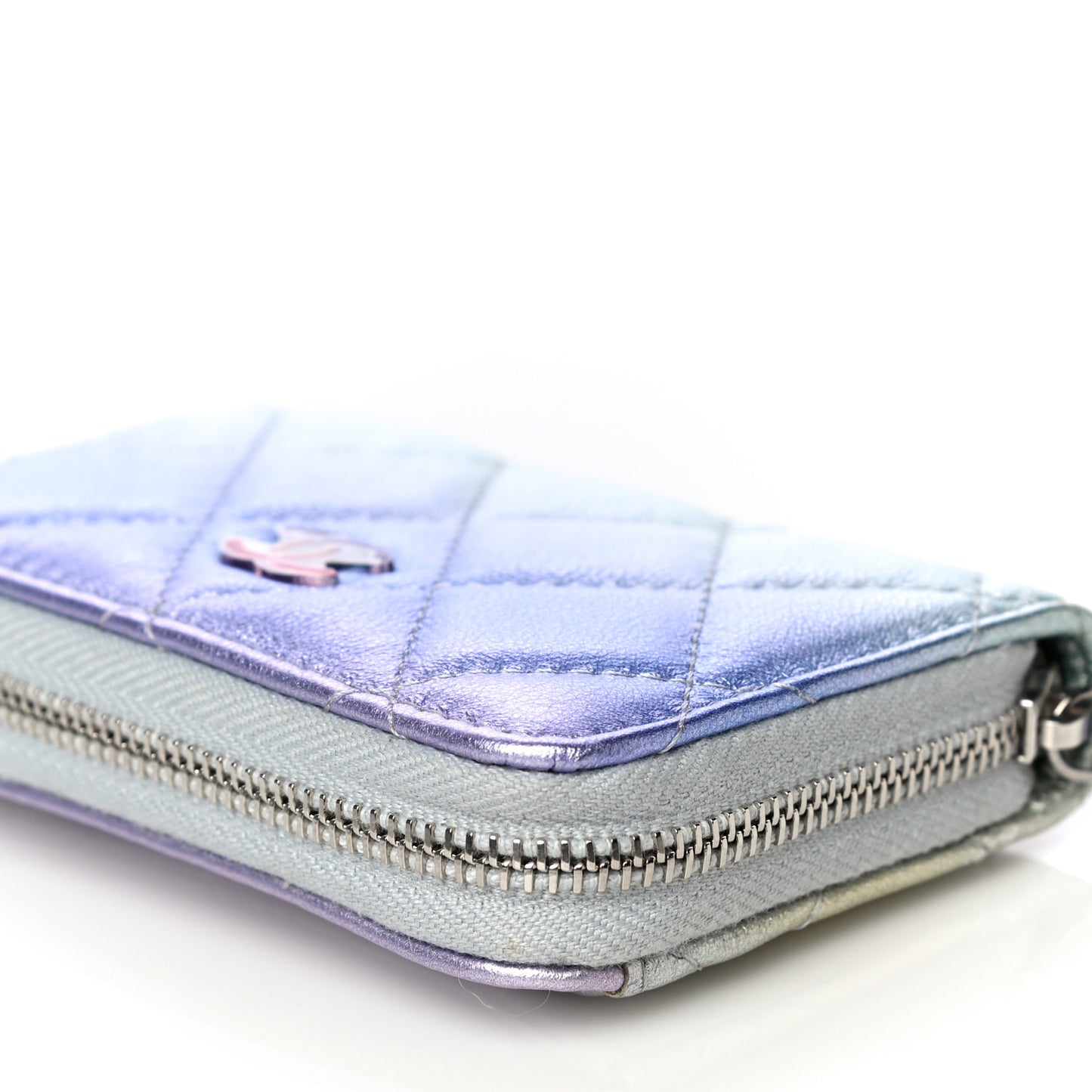 Gradient Metallic Calfskin Quilted Zip Around Coin Purse Wallet Silver Blue Yellow Purple
