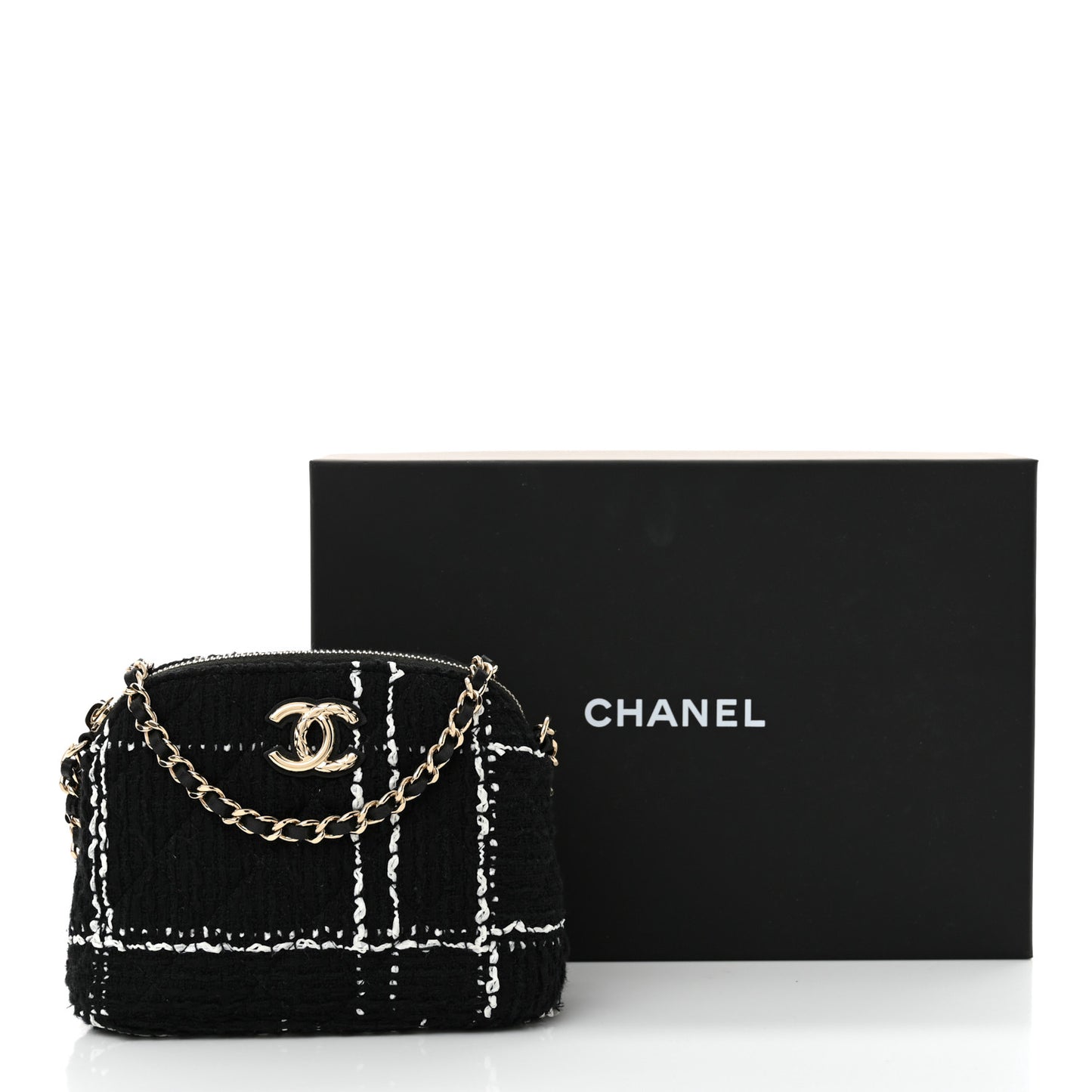 Tweed Quilted Mini Clutch With Chain Black White