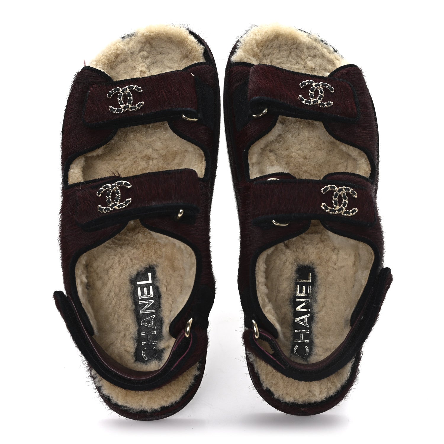 Chanel Calf Hair Suede Shearling Dad Sandals 36.5 Burgundy Black 2 of 9