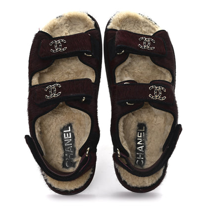 Chanel Calf Hair Suede Shearling Dad Sandals 36.5 Burgundy Black 2 of 9