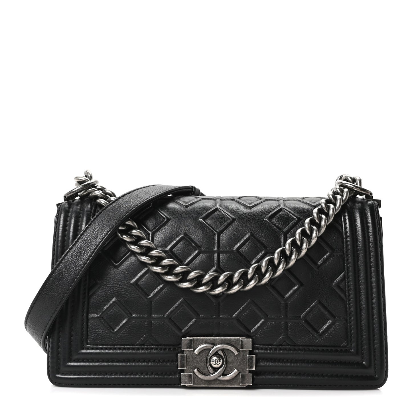 Calfskin Crystal Embossed Medium Boy Flap Black