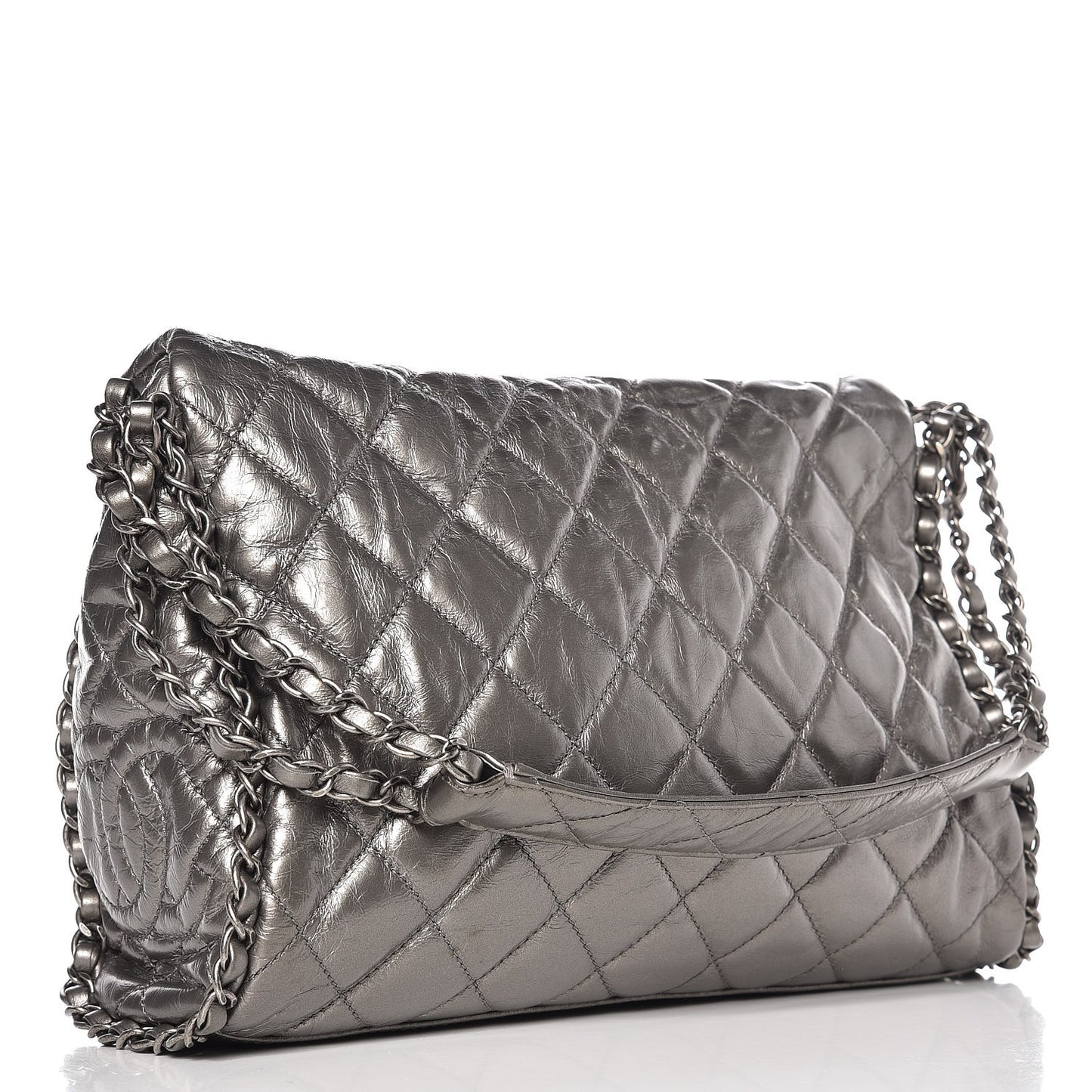 Metallic Calfskin Quilted Medium Chain Me Hobo Dark Silver