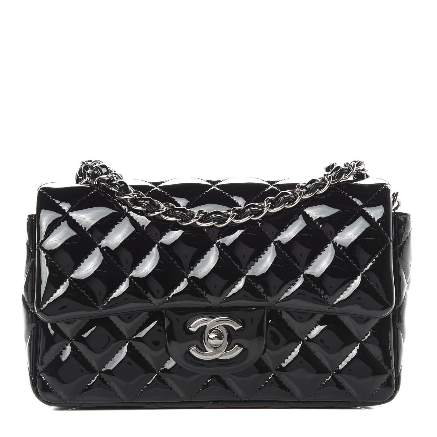 Patent Calfskin Quilted Mini Rectangular Flap Black