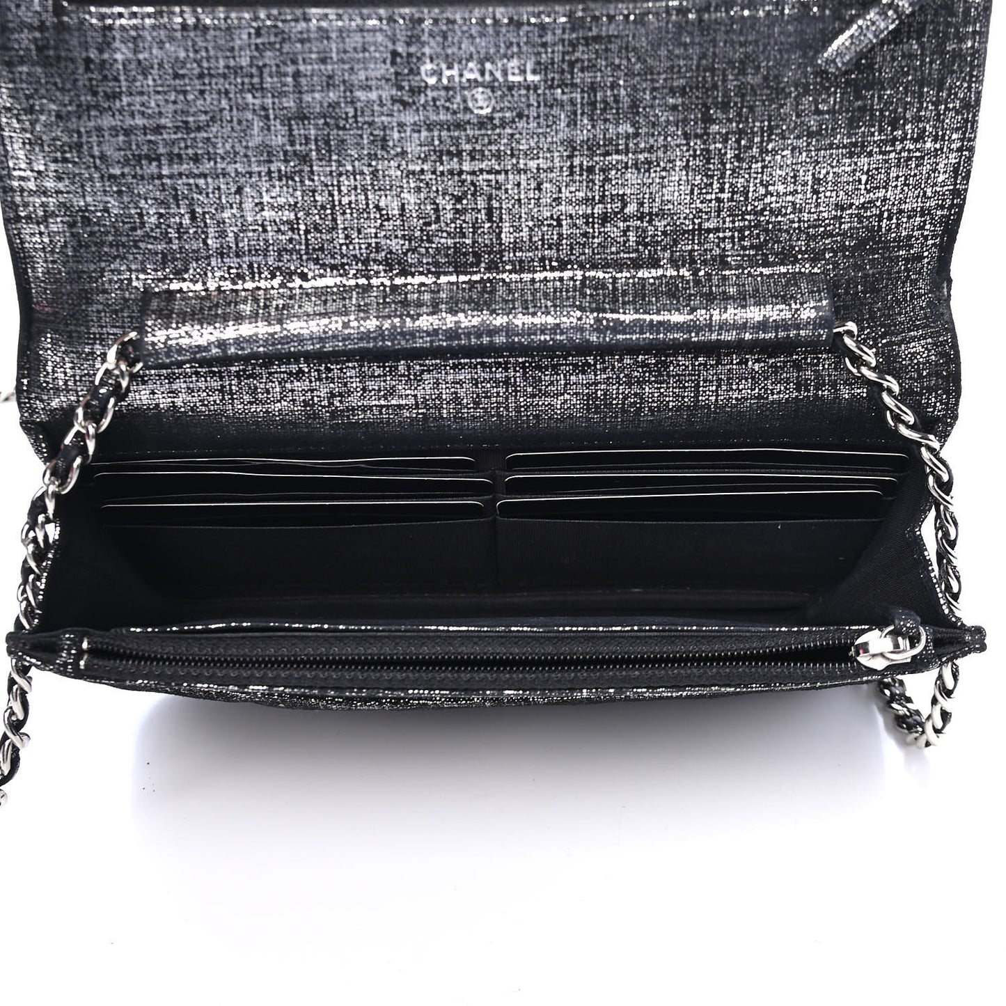 Metallic Iridescent Calfskin Wallet On Chain WOC Black Silver