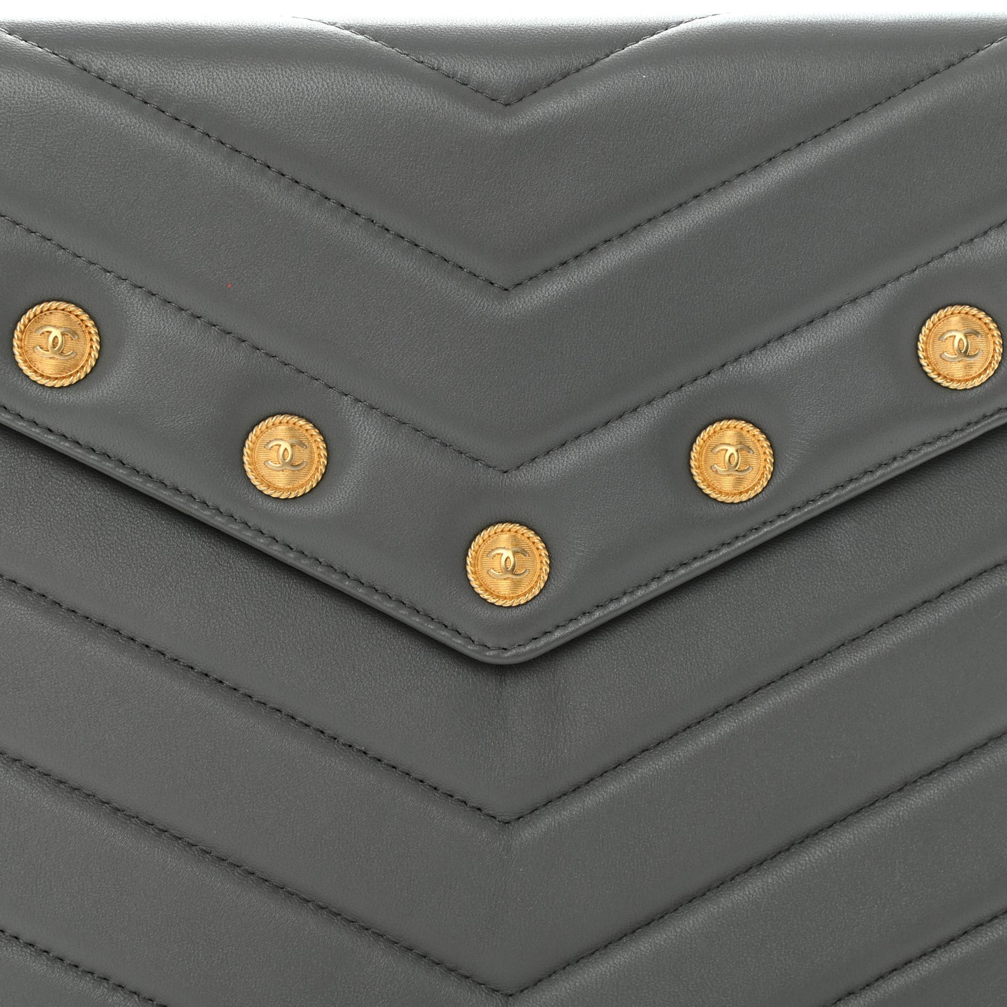 Calfskin Chevron Quilted CC Button Envelope Pouch Grey