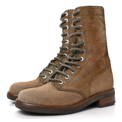 Chanel Calfskin Pony Hair Lace Up Combat Boots 37.5 Brown 3 of 7