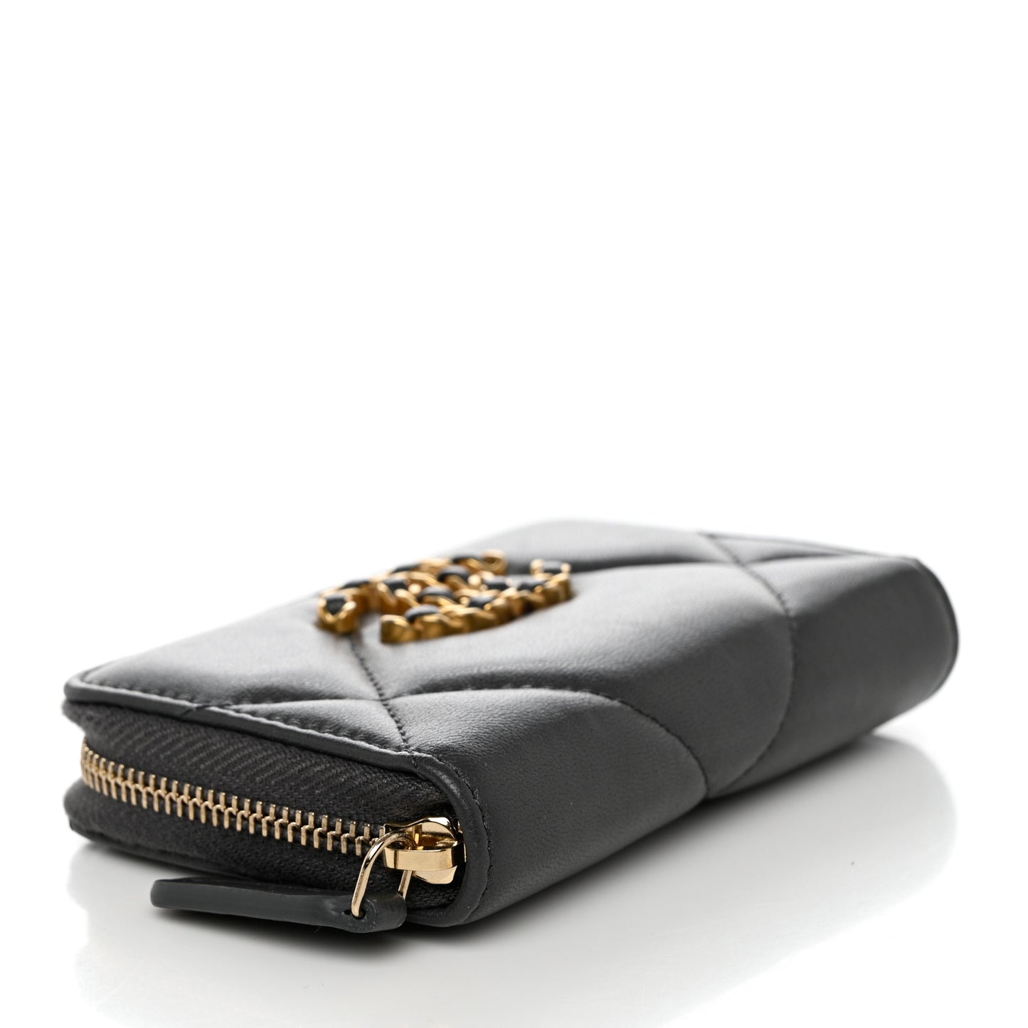 Lambskin Quilted Chanel 19 Zip Around Coin Purse Wallet Dark Grey