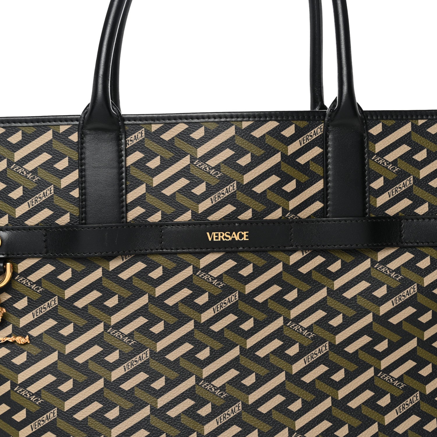 Versace Coated Canvas Calfskin La Greca Signature Tote Bag Black Khaki 7 of 14