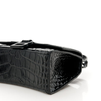 Balenciaga Shiny Calfskin Monochrome Crocodile Embossed Hourglass Top Handle Bag XS Black 10 of 10