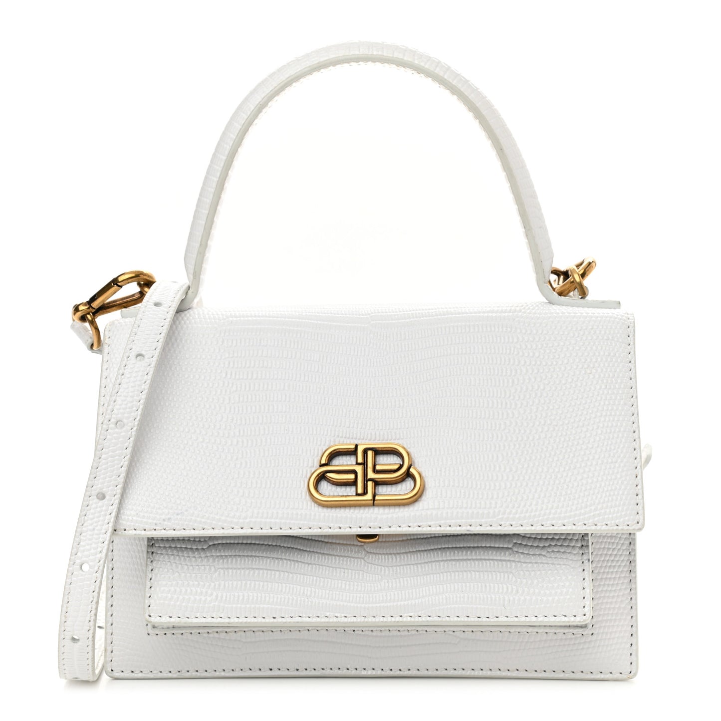 Patent Calfskin Lizard Embossed XS Sharp Top Handle Bag White