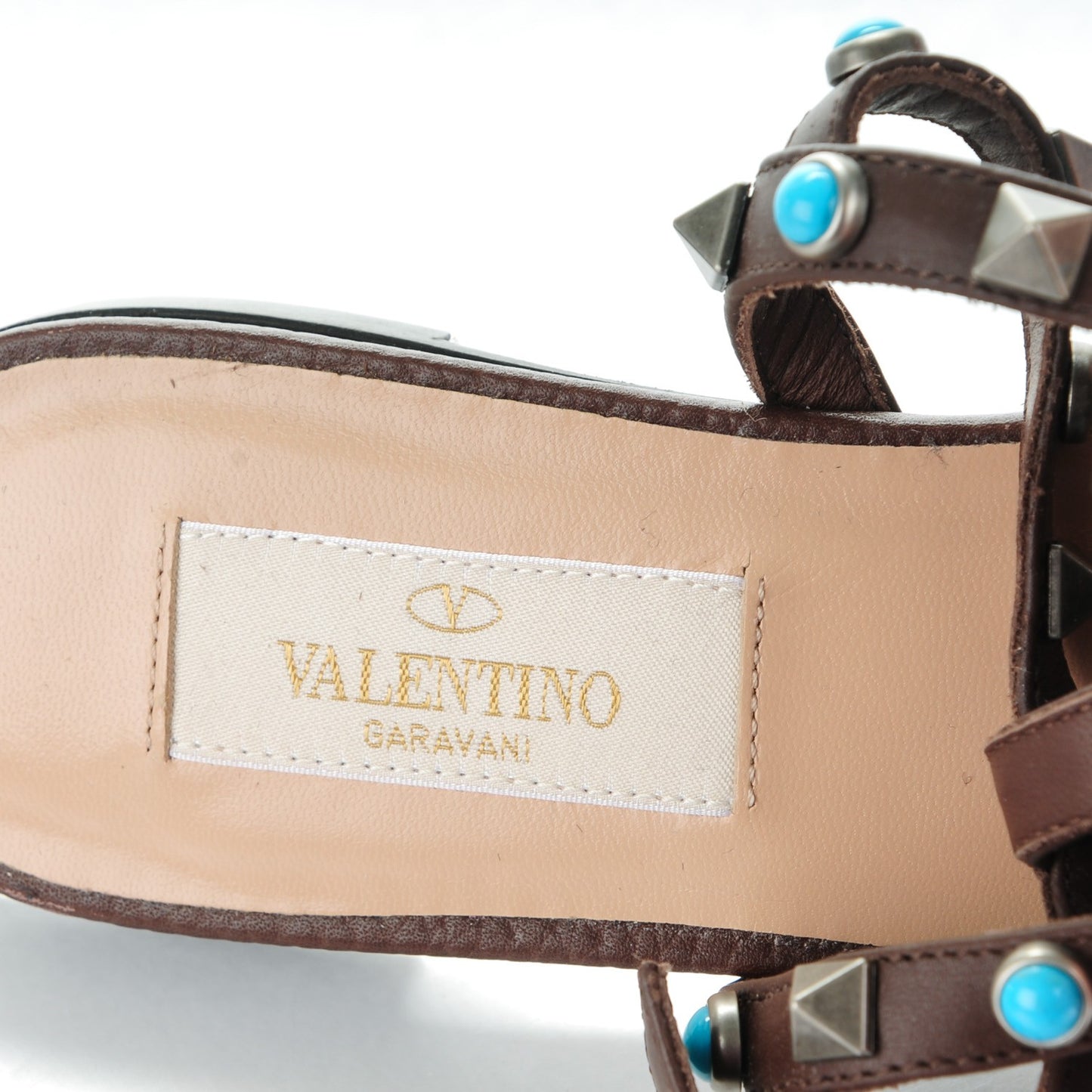 Calfskin Rockstud Rolling Ankle Wrap Flat Thong Sandals 36.5 Cacao