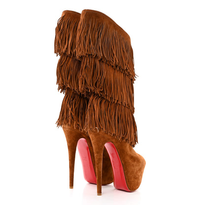 Christian Louboutin Suede Highness Tina Fringe Platform Peep Toe Boots 37.5 Brown 4 of 8