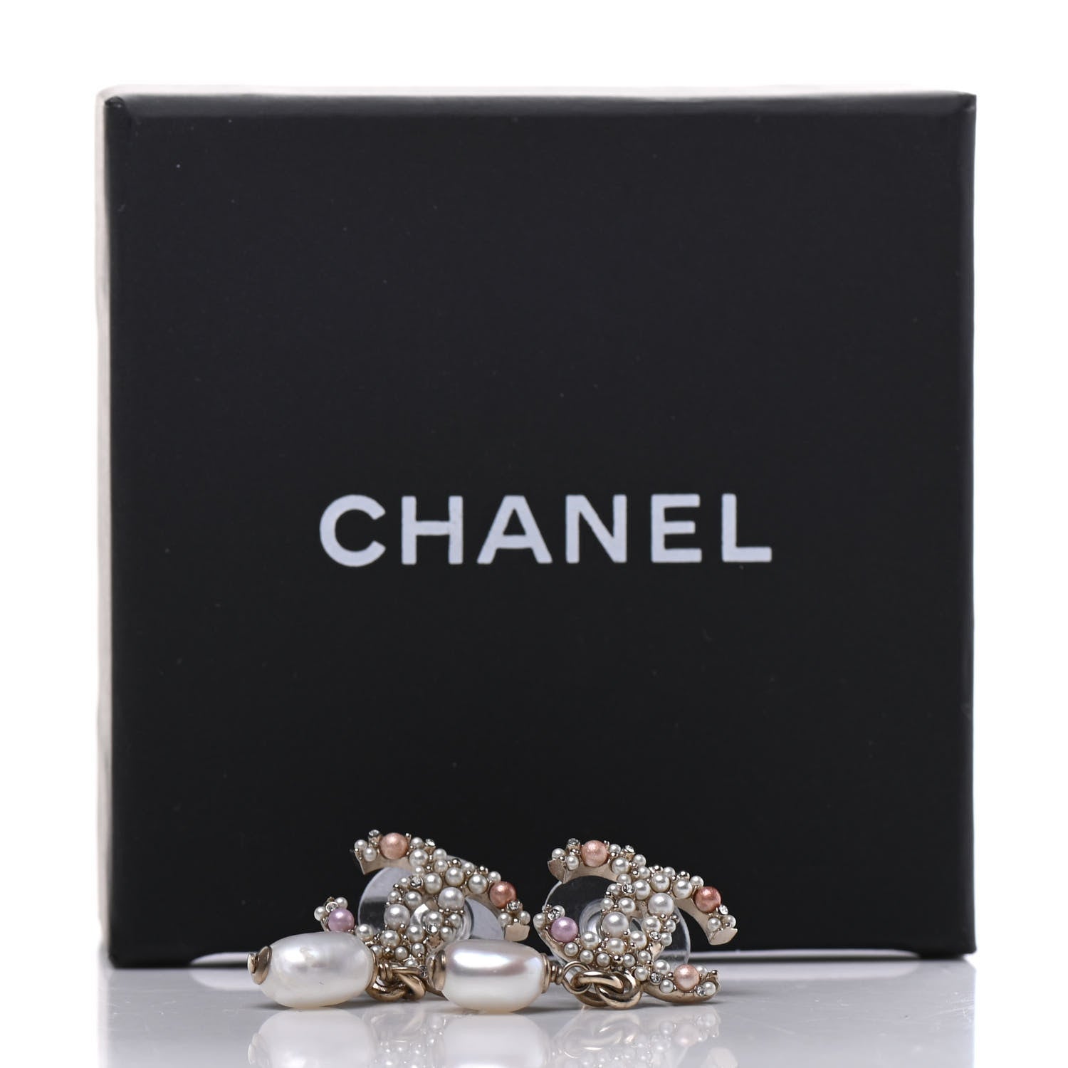 Chanel Pearl Crystal CC Charm Drop Earrings Light Gold Pink 5 of 5
