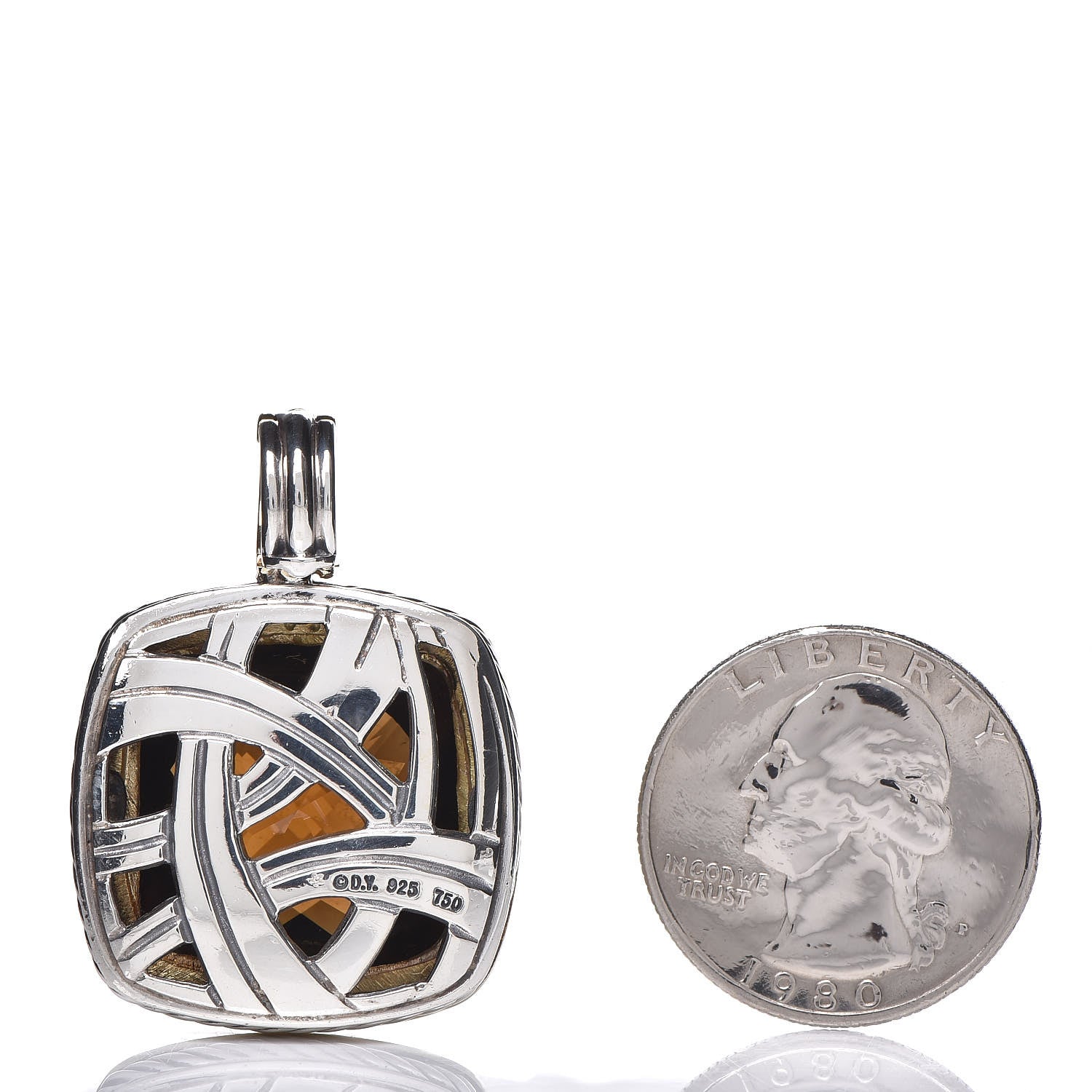 David Yurman Sterling Silver 18K Yellow Gold Yellow Sapphire Smoky Quartz 20mm Albion Enhancer Pendant 2 of 3