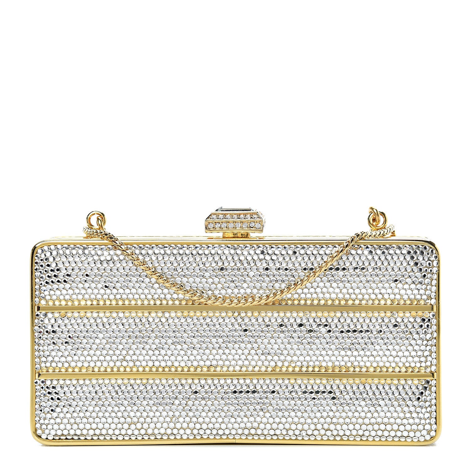 Judith Leiber Swarovski Crystal Striped Minaudiere Clutch Silver Gold 1 of 11