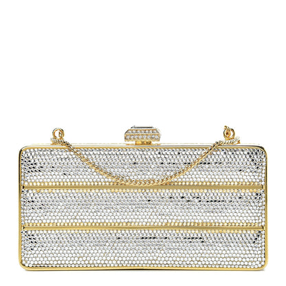Judith Leiber Swarovski Crystal Striped Minaudiere Clutch Silver Gold 1 of 11