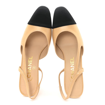 Chanel Goatskin Grosgrain Cap Toe CC Slingback Pumps 35 Beige Black 2 of 9