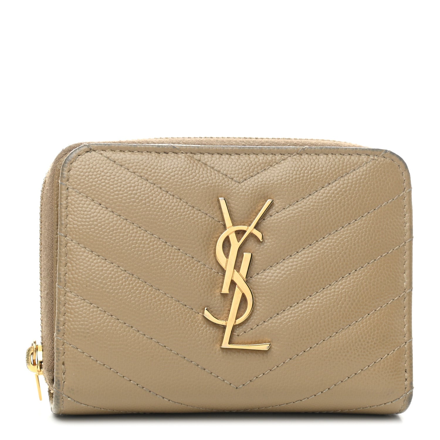 Saint Laurent Grain De Poudre Matelasse Chevron Monogram Compact Zip Around Wallet Dark Latte 1 of 13