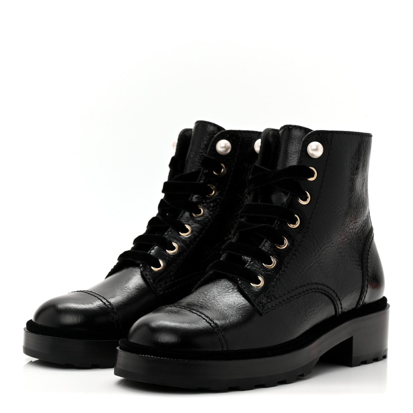 Shiny Calfskin Velvet Pearl Combat Short Boots 37 Black