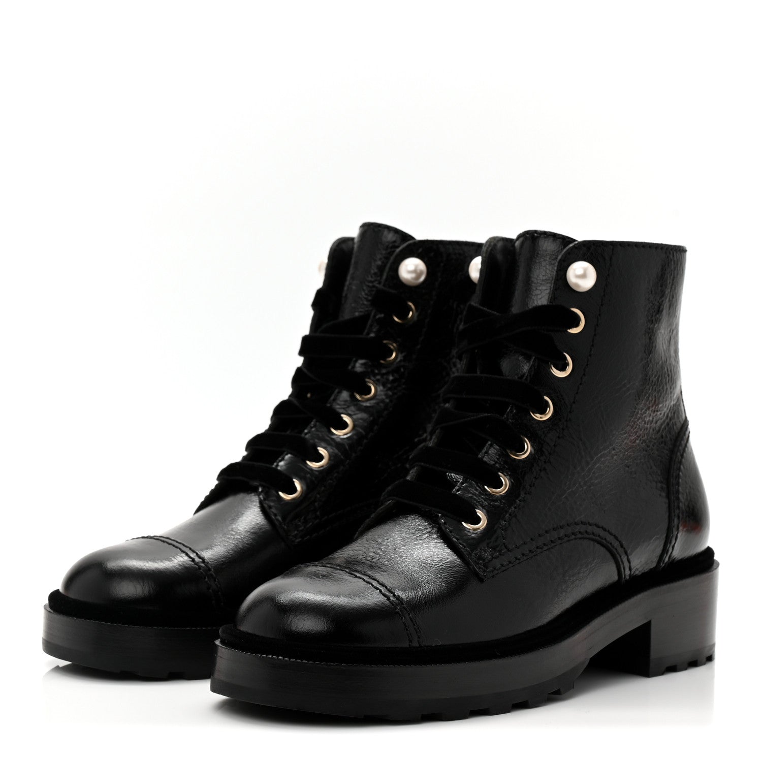 Chanel Shiny Calfskin Velvet Pearl Combat Short Boots 37 Black 4 of 8