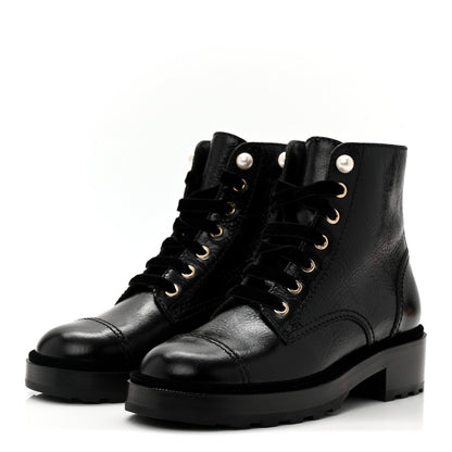 Chanel Shiny Calfskin Velvet Pearl Combat Short Boots 37 Black 4 of 8