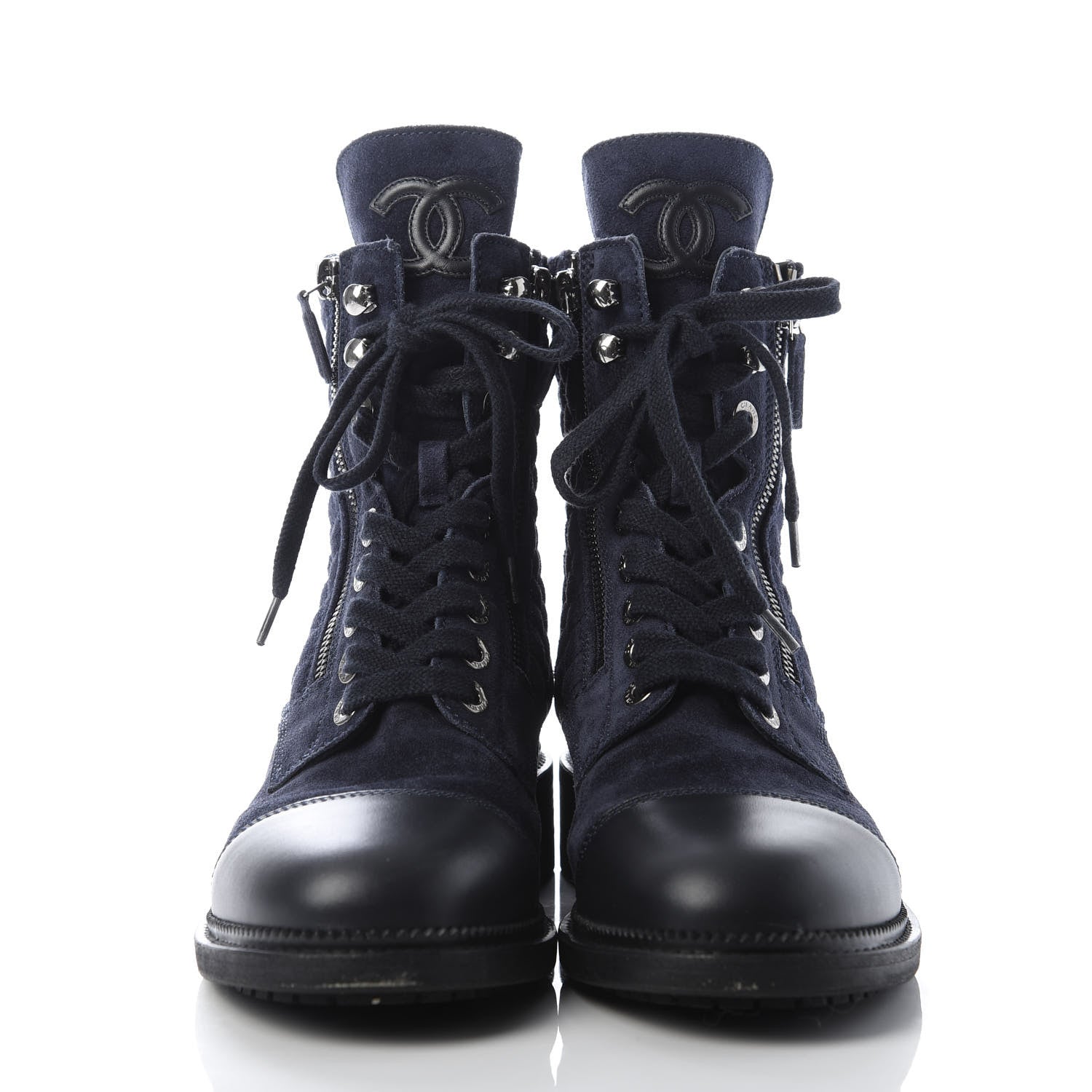 Chanel Suede Quilted CC Lace Up Combat Boots 39.5 Navy Black 2 of 9