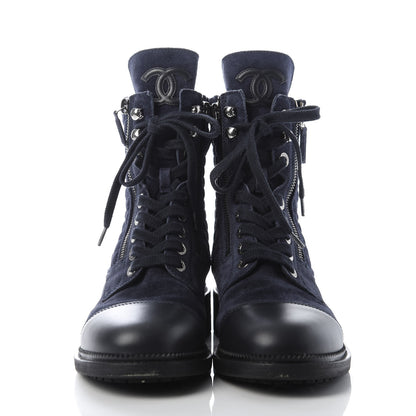 Chanel Suede Quilted CC Lace Up Combat Boots 39.5 Navy Black 2 of 9