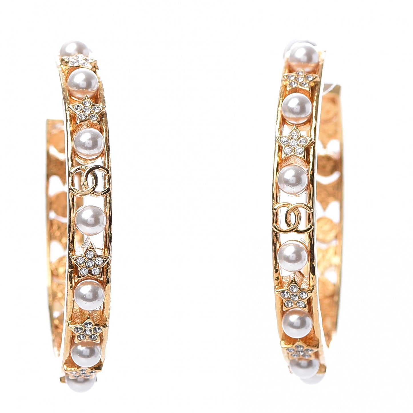 Crystal Pearl CC Hoop Earrings Gold Pearly White