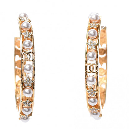 Chanel Crystal Pearl CC Hoop Earrings Gold Pearly White 1 of 5