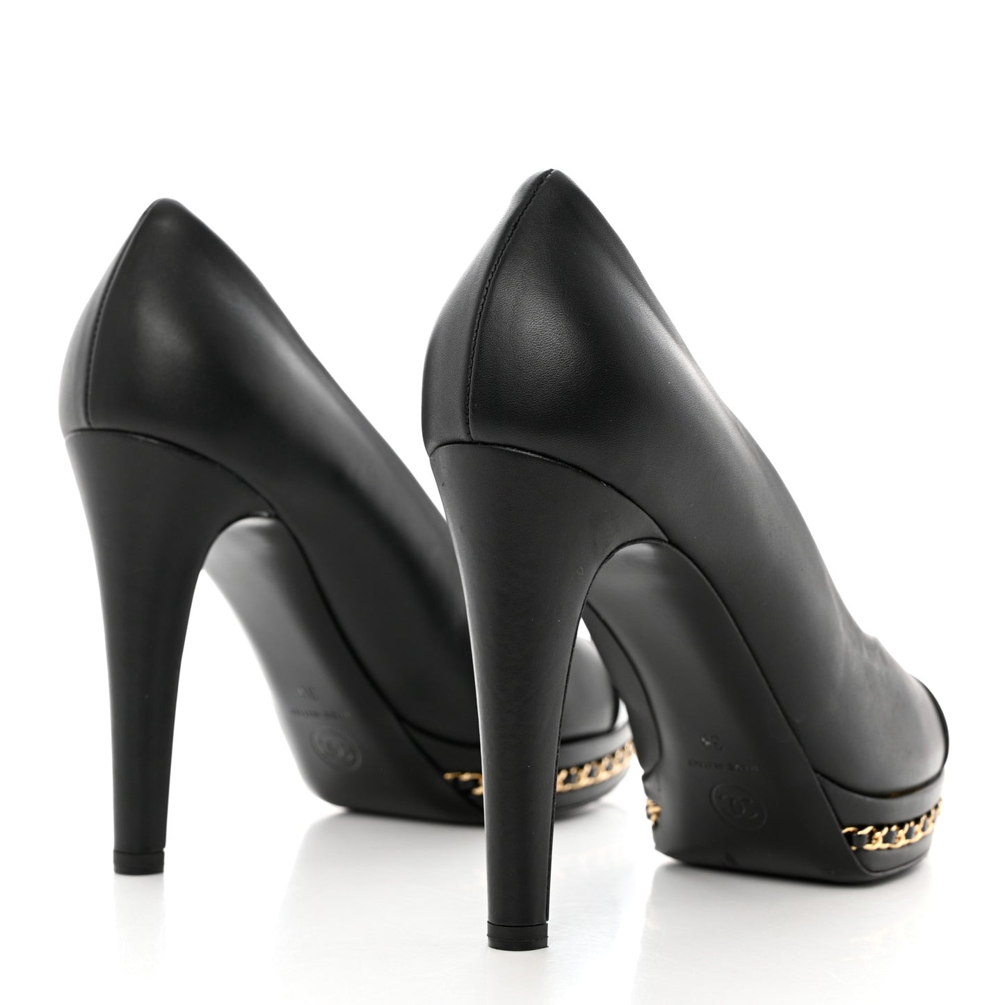 Lambskin CC Cap Toe Platform Chain Pumps 38 Black