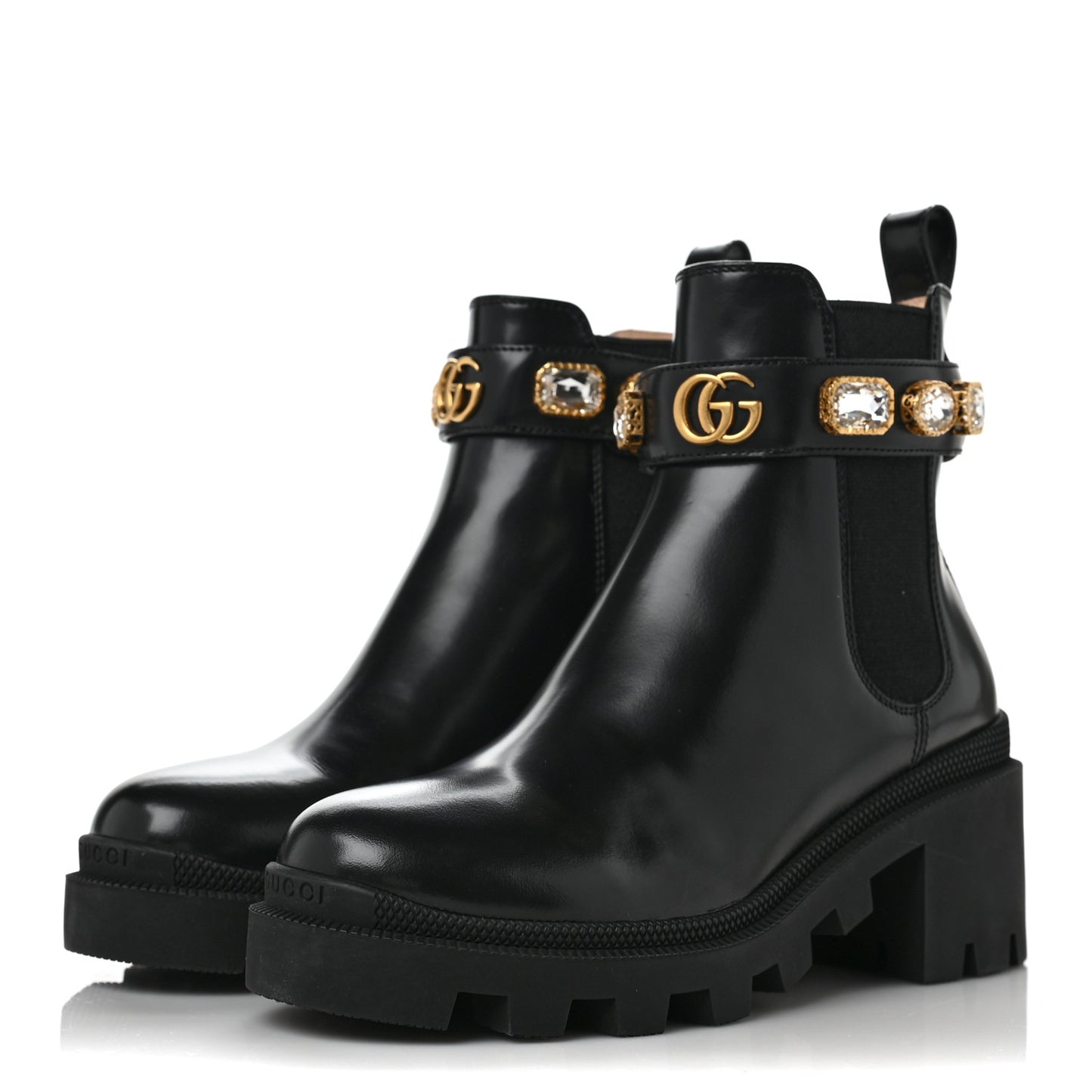 Calfskin Crystal GG Trip Chelsea Ankle Boots 35 Black