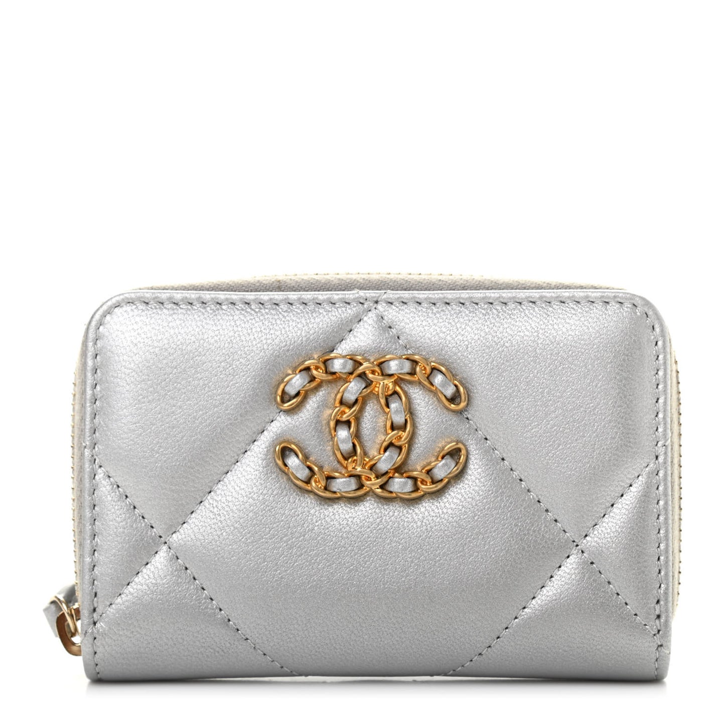 Metallic Goatskin Quilted Chanel 19 Zip Around Coin Purse Wallet Silver