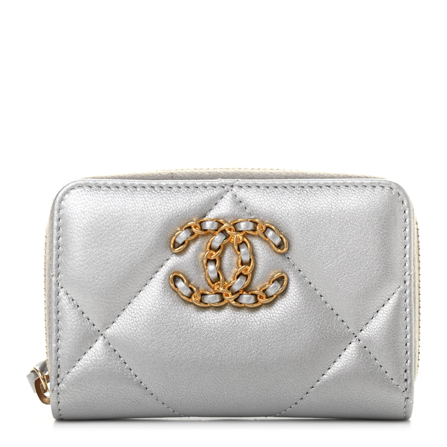 Chanel Metallic Goatskin Quilted Chanel 19 Zip Around Coin Purse Wallet Silver 1 of 8