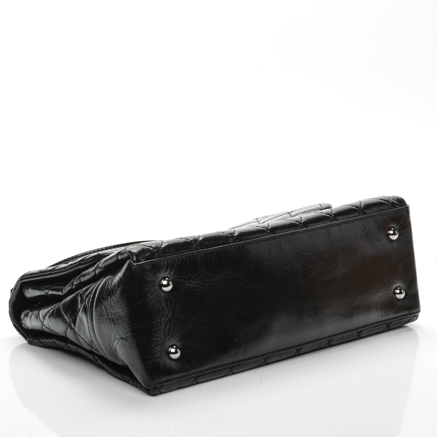 Glazed Calfskin Quilted Large Lady Pearly Flap Black
