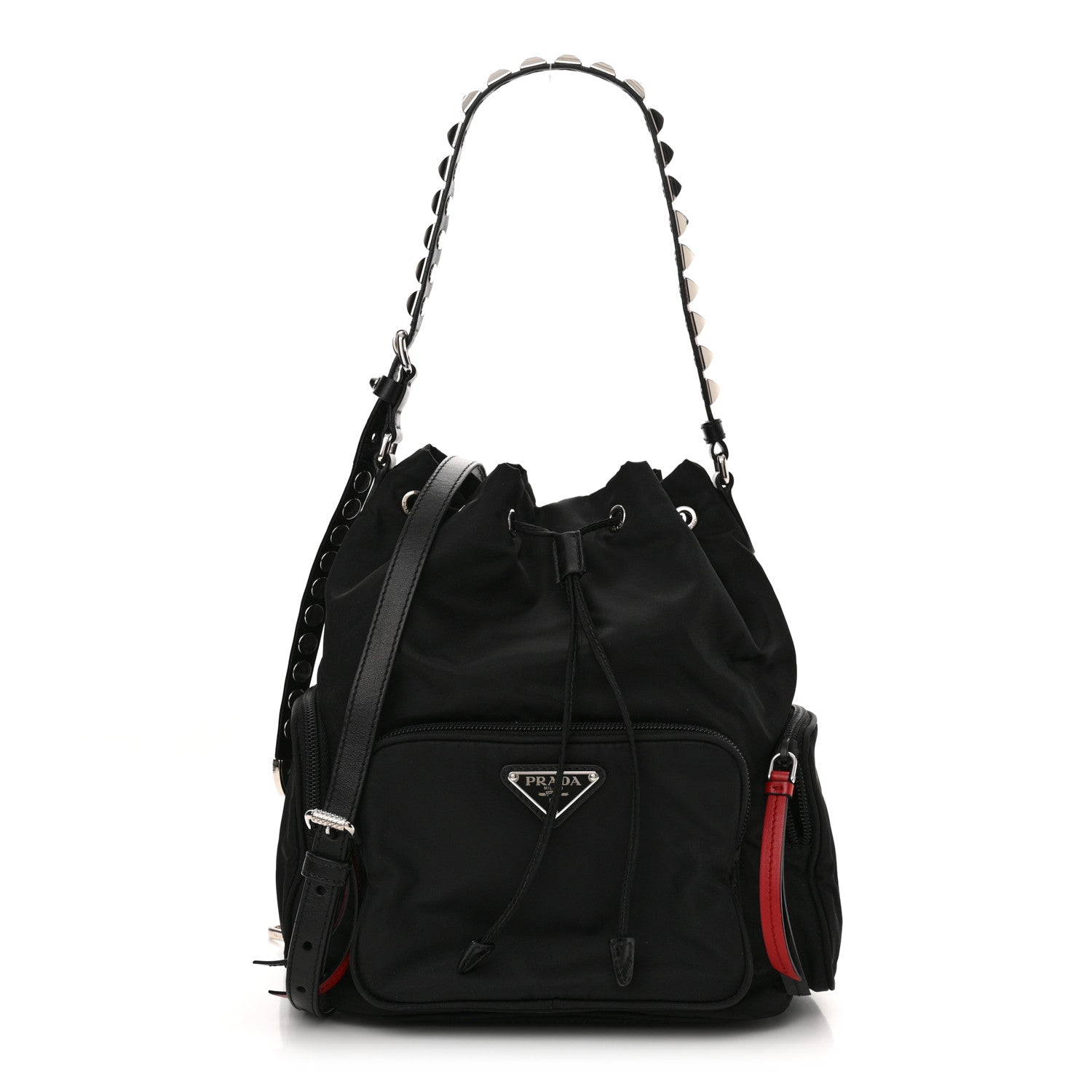 Prada Tessuto Nylon Studded New Vela Mini Bucket Crossbody Bag Black Fuoco 1 of 11