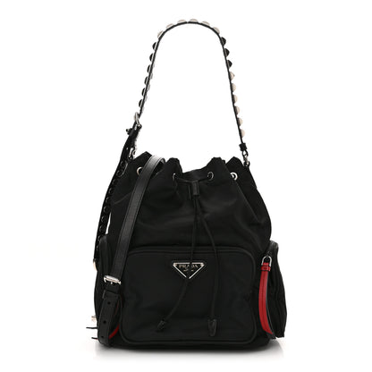 Prada Tessuto Nylon Studded New Vela Mini Bucket Crossbody Bag Black Fuoco 1 of 11