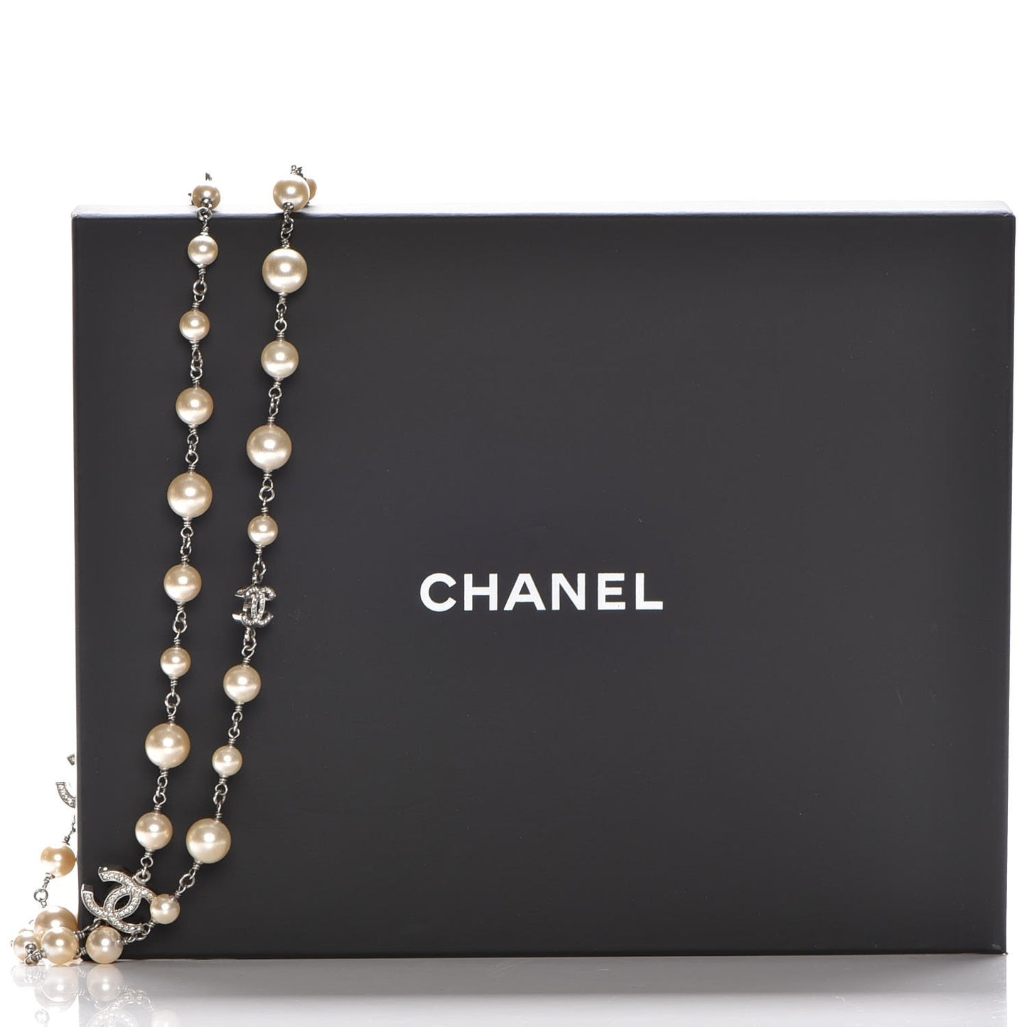 Crystal Pearl CC Long Necklace Silver