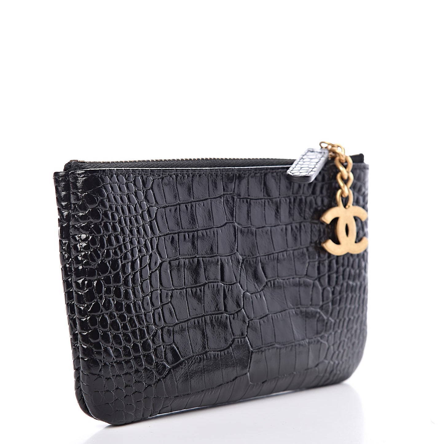 Calfskin Crocodile Embossed Cocodile Cosmetic Case Black Gold